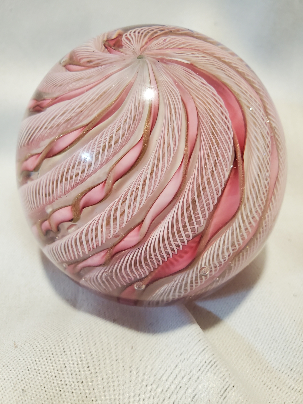 Vintage Murano Latticino Art Glass Paperweight Pink Ribbon White Zanfirico...